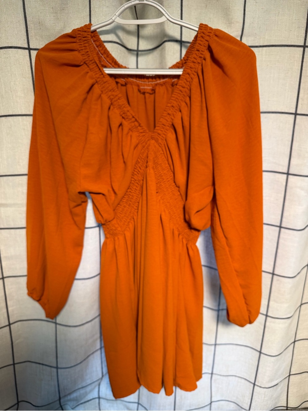 Women’s Orange Smocked Waist Long Sleeve Dress